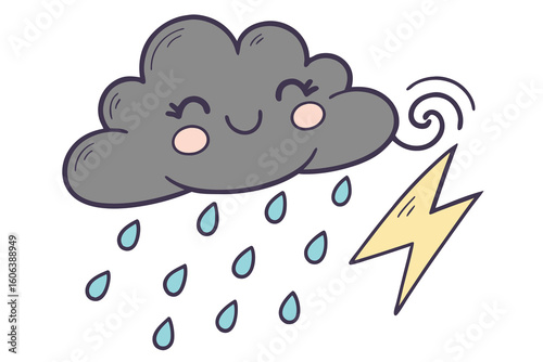 Cute cartoon illustration of a smiling rain cloud with raindrops and a lightning bolt in a whimsical weather themed design