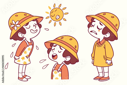 Cute cartoon illustrations of children with sun hats displaying various expressions of sadness and distress on a sunny day.