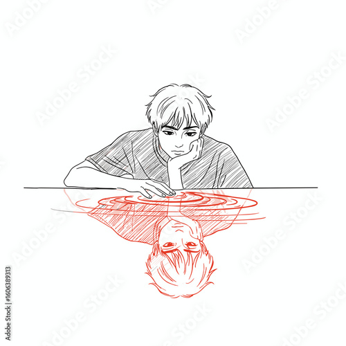 Minimalist black and white line illustration of person looking at colorful reflection, symbolizing emotion and duality