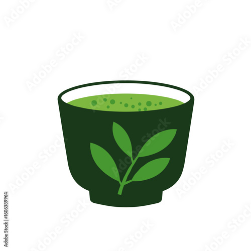 Matcha cup with stylized leaf decoration, geometric flat vector in bold shapes and vibrant green tones on clean white background