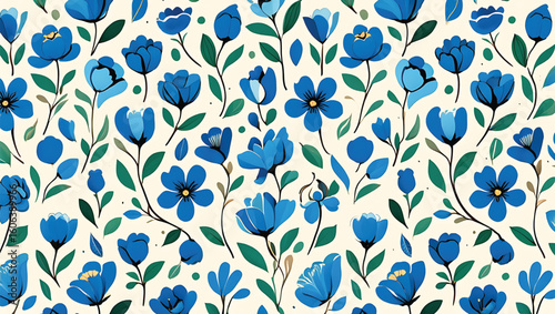 Seamless pattern of blue flowers and green leaves on cream background floral