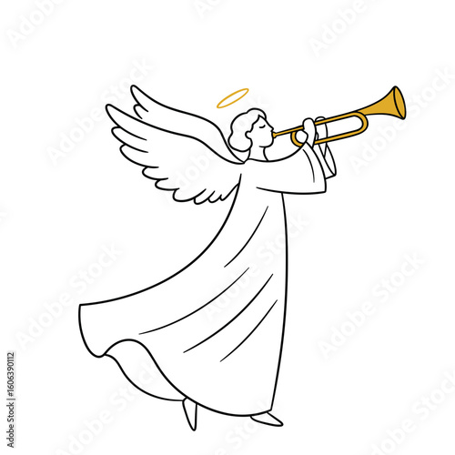 Angel blowing trumpet with serene expression, minimalist vector illustration with clean lines and golden accents on white background