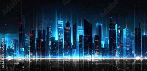 Futuristic City at Night with Neon Skyscrapers and Digital Glow