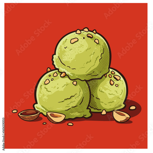 Scoop of pistachio gelato with crushed nuts in bold Italian-style vector, vibrant saturated colors, chunky graphic shapes and expressive composition on red background