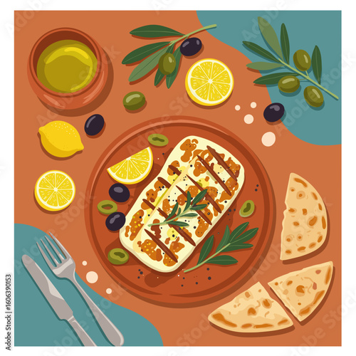 Grilled halloumi with olives and flatbread in vibrant Mediterranean vector style, warm sun-drenched color palette