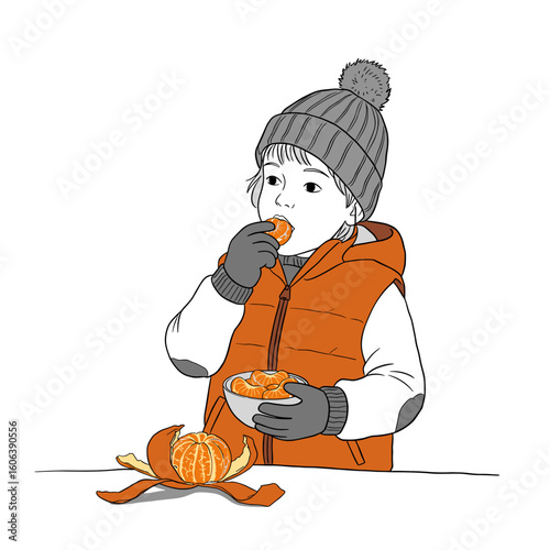 Child holding a small bowl of peeled mandarins and sharing one in minimalist black and white line illustration, bright orange and soft grey accents on white background