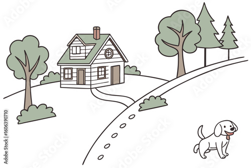 Illustration of a charming country house with surrounding trees and a smiling happy dog on a simple grassy hillside