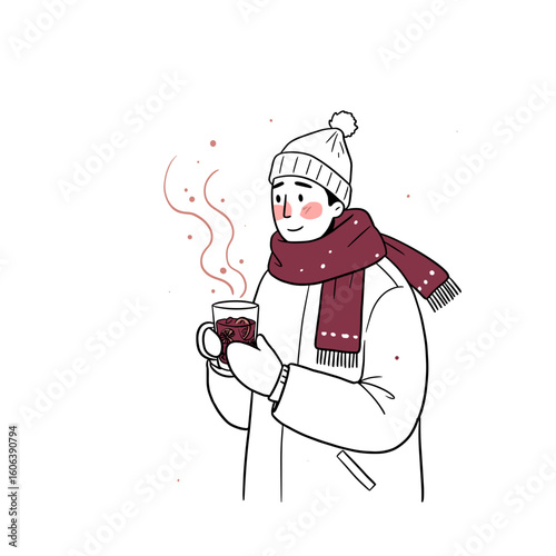 Man standing outside with steaming cup of mulled wine cheeks flushed from cold minimalist black and white vector illustration with deep burgundy accents on white background