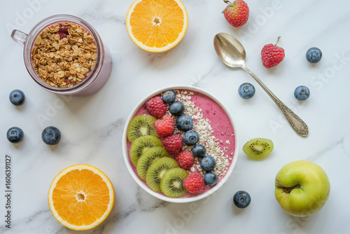 Vibrant fruit smoothie bowl with granola and fresh berries raspberries blueberries