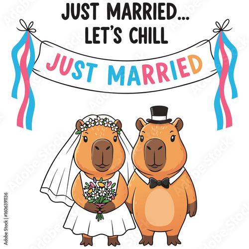 Capybara wedding illustration with just married banner