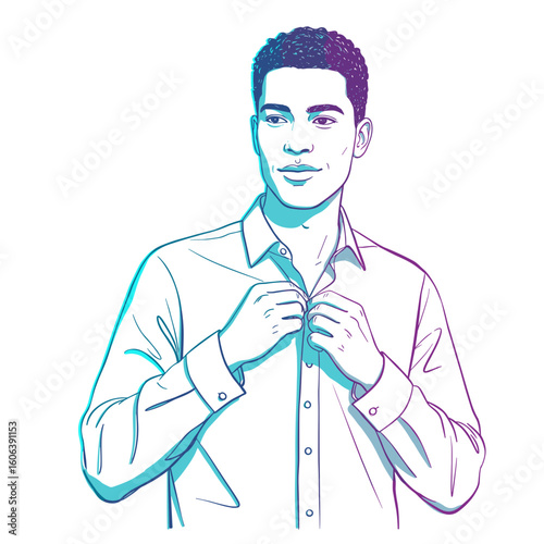 Man buttoning his shirt with a half-smile in minimalist black and white line illustration, bright turquoise and violet accents on white background