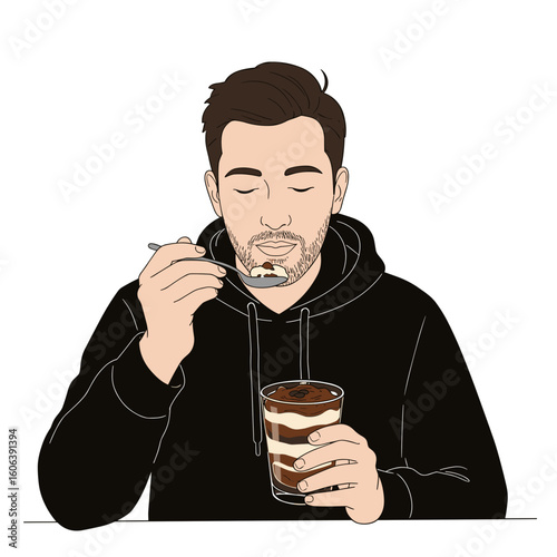 Man enjoying layered tiramisu in minimalist black and white line illustration, spoon mid-air with cocoa brown and warm ivory accents on white background