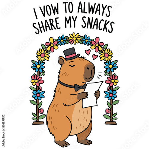 Capybara wedding vows cute illustration with floral arch