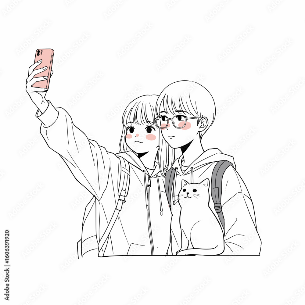 Fototapeta premium Kids taking a selfie with a cat, cheerful mood, sleek black and white vector line drawing with pastel color highlights on white background