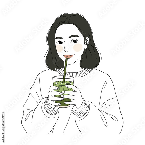 Woman smiling softly while holding iced matcha with wide straw in minimalist black and white line illustration, soft green and cream beige accents on white background