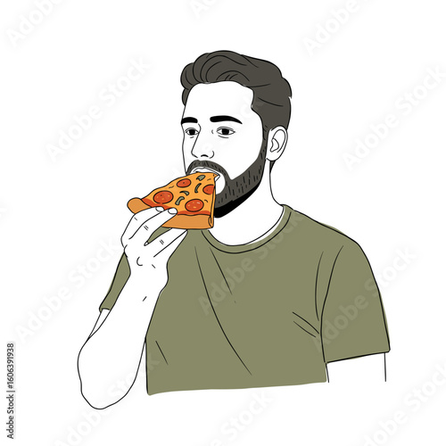 Man with playful mood holding folded pizza slice ready to bite in minimalist black and white illustration with orange and olive green accents on white background