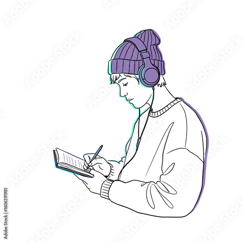 Person with relaxed mood journaling in notebook while listening to music in minimalist black and white illustration with turquoise and violet accents on white background