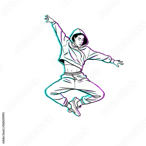 Dancer mid-jump with expressive energy and bright turquoise-violet accents on white background