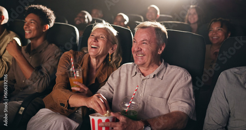 Cuadro en lienzo Senior couple, popcorn and happy at cinema for movie in crowd, bonding and date with comedy show