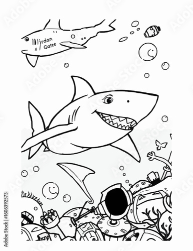 Two cartoon sharks, coloring book.