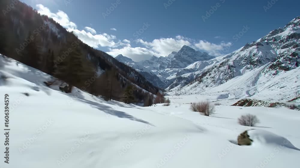 Snowy Mountain Valley Landscape. Snowy Mountain Valley Landscape.