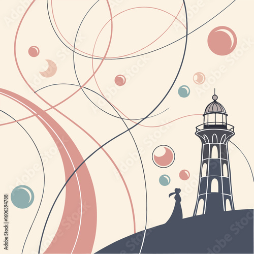 Abstract lighthouse artwork featuring geometric shapes and decorative lines with a silhouette of a person admiring the seaside scenery.