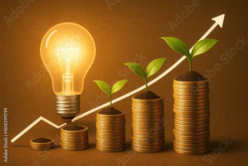 A glowing lightbulb illuminates a financial growth chart with plants sprouting from stacks of coins