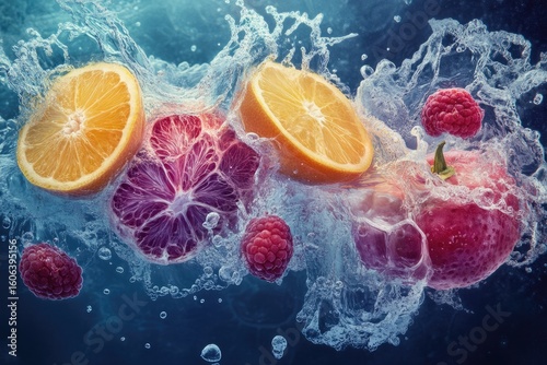 Vibrant citrus fruit slices and raspberries suspended in dynamic, splashing water against a dark blue backdrop; showcasing juicy textures and contrasting colors