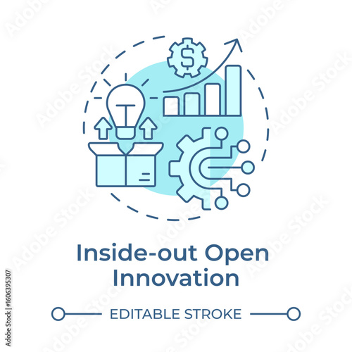 Inside out open innovation soft blue concept icon. Outward transfer of internal knowledge and technologies. Round shape line illustration. Abstract idea. Graphic design. Easy to use in brochure