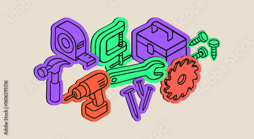 Isometric Colorful Carpentry Tools Set with Power Drill, Toolbox, Screws, and Wrench on Beige Background