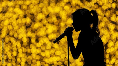 Silhouette of a Female Singer with Microphone on Stage with Golden Bokeh Background, standing on stage in front of a glowing golden bokeh background