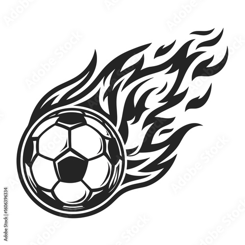 Black soccer ball with fiery tribal flames on a white background football sport