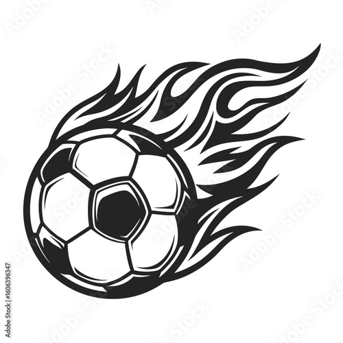 Black soccer ball with fiery flames on white background football sport