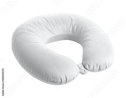 A soft grey neck pillow, isolated on a white background, for travel comfort and relaxation.