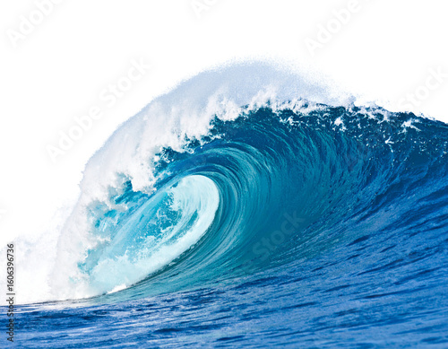 A powerful tsunami wave, cresting dramatically, isolated on a white background, representing natural forces and disaster.