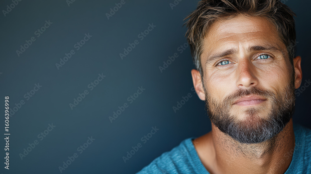 Fototapeta premium Calm man with blue eyes and beard, expressing confidence and serenity in close up portrait