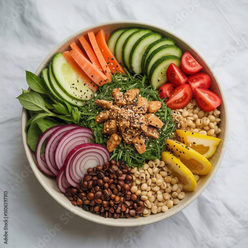 Vibrant Protein Packed Grain Bowl With Fresh Produce chicken cucumber