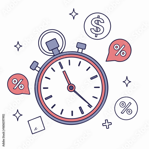 Stopwatch with dollar sign and percentage icons