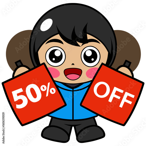 Happy cartoon character holding fifty percent off sale signs