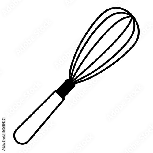 Line art whisk with wires and handle isolated on white background