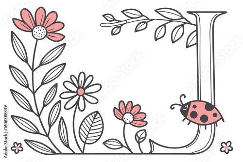 Hand drawn illustrated letter j decorated with flowers leaves and a cute ladybug in a simple floral design