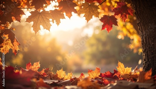 陽光きらめく秋の森：紅葉に包まれた小径Generated image