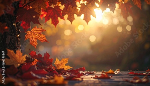 秋の魔法：暖かな光に染まる落ち葉とウッドデッキGenerated image