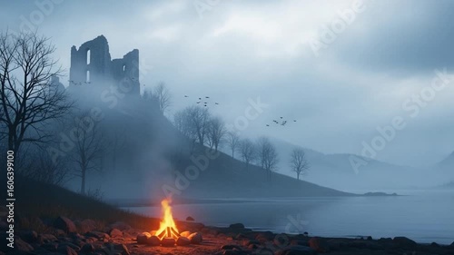 Campfire by Misty Lake with Ruined Castle in Background