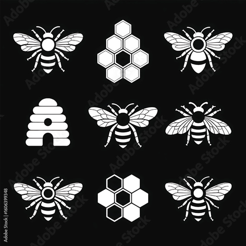 White bee and honeycomb icons on black background hive insect