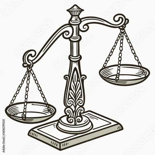Scales of Justice illustration, monochrome, for legal themes