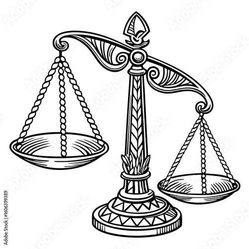 Decorative Scales of Justice Illustration in Black and White for Legal Blogs, Law Firm Websites, Advocacy Materials, and Educational Content  