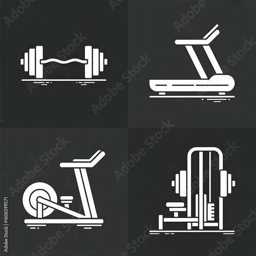 White gym equipment icons on dark gray background dumbbell treadmill