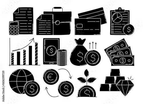 Glyph style global business icons with finance, money, credit, and growth elements. Perfect for infographics, reports, and web designs.