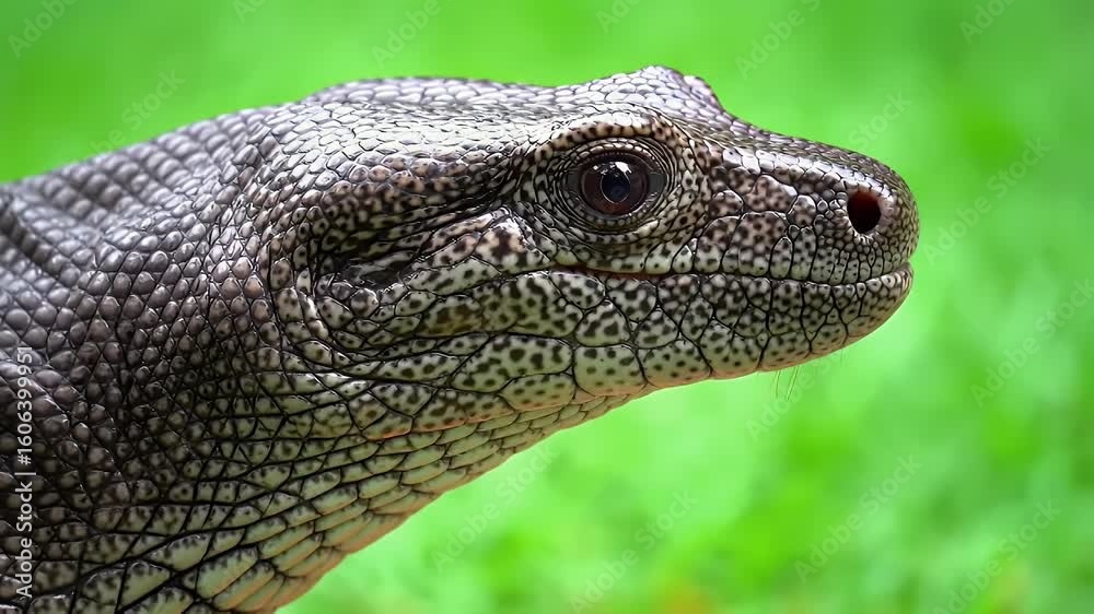 Detailed close-up of a lizard's head, featuring textured scales and keen eye against a blurred green natural background. Detailed close-up of a lizard's head, featuring textured scales and keen eye against a blurred green natural background.